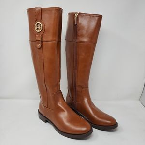 Tommy Hilfiger Riding Boots Womens 5 Tan Brown Knee High Logo Spell Out Shoes
